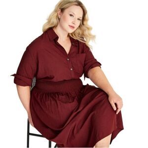 Elegant Burgundy Shirt Dress Womens Xl Nwot Ladies Pockets Casual Vacation Cute